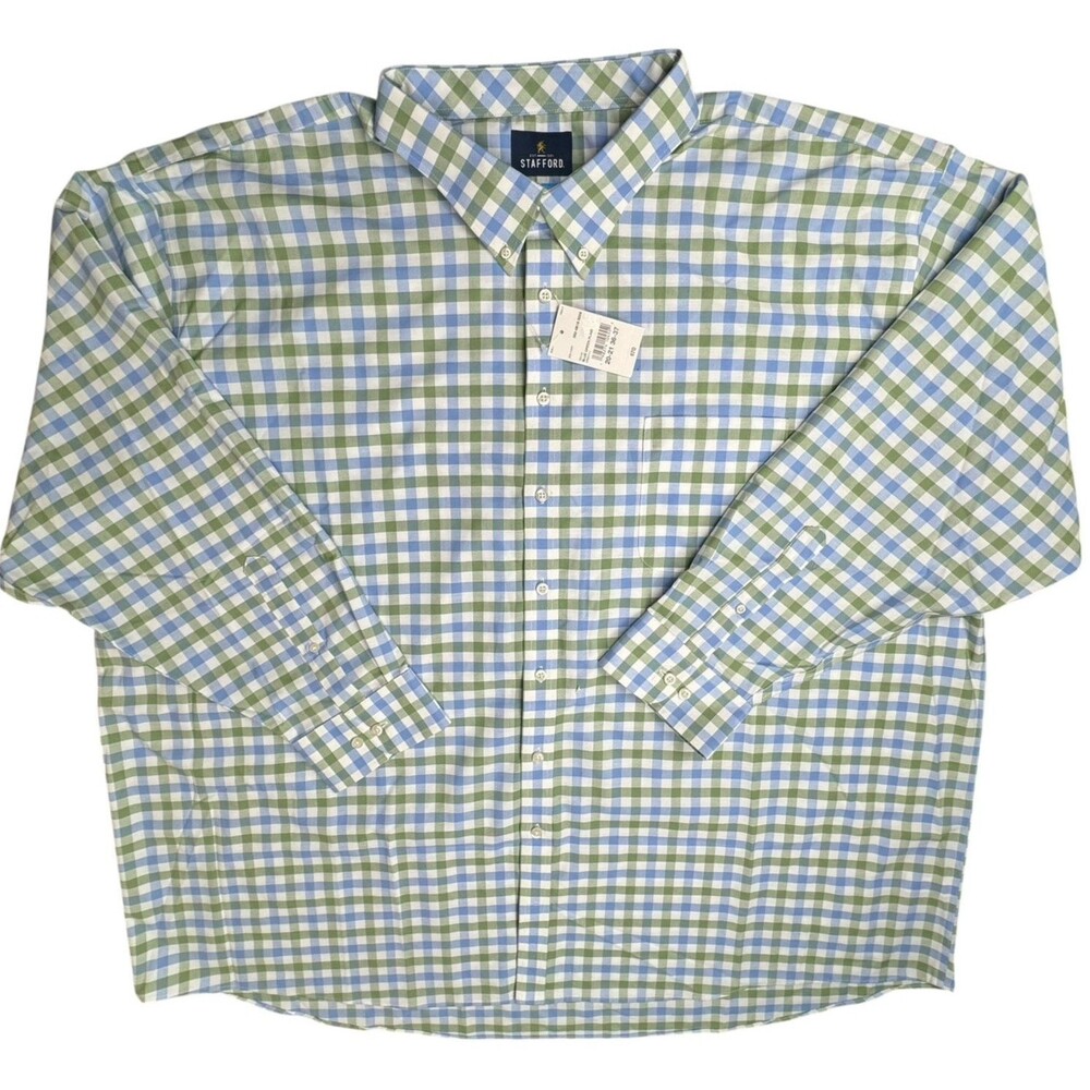 Stafford Mens Shirt 4XL 20-21 36-37 Coolmax Oxford Blue Green Plaid Long Sleeve